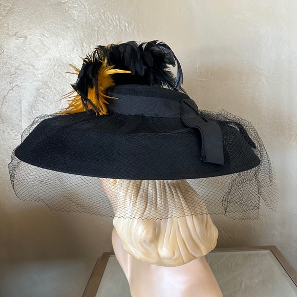 ASTOUNDING BLACK FELT WIDE BRIM HAT WITH BL;ACK & YELLOW FEATHER S main image 9